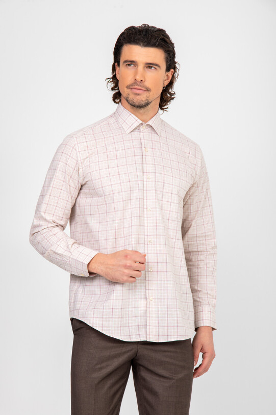 Erkek Bej Uzun Kol Kareli Regular Fit Gömlek