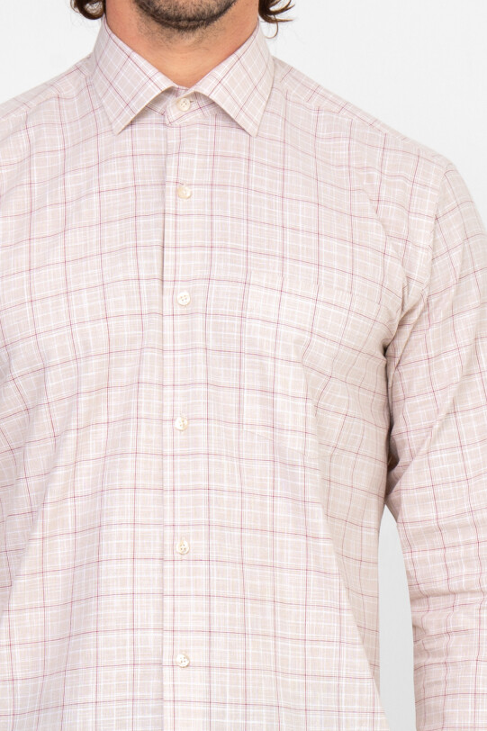 Erkek Bej Uzun Kol Kareli Regular Fit Gömlek