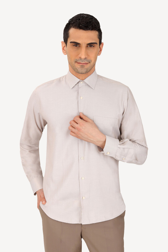 Erkek Bej Uzun Kol Klasik Punto Desenli Gömlek