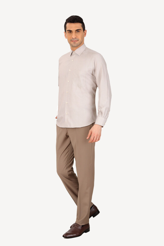 Erkek Bej Uzun Kol Klasik Punto Desenli Gömlek
