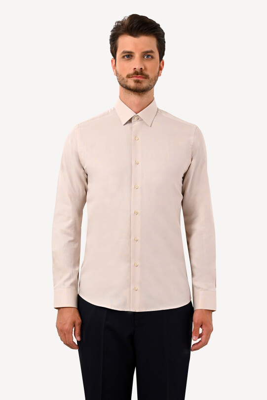 Erkek Bej Uzun Kol Slim Fit Gömlek