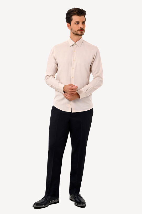 Erkek Bej Uzun Kol Slim Fit Gömlek