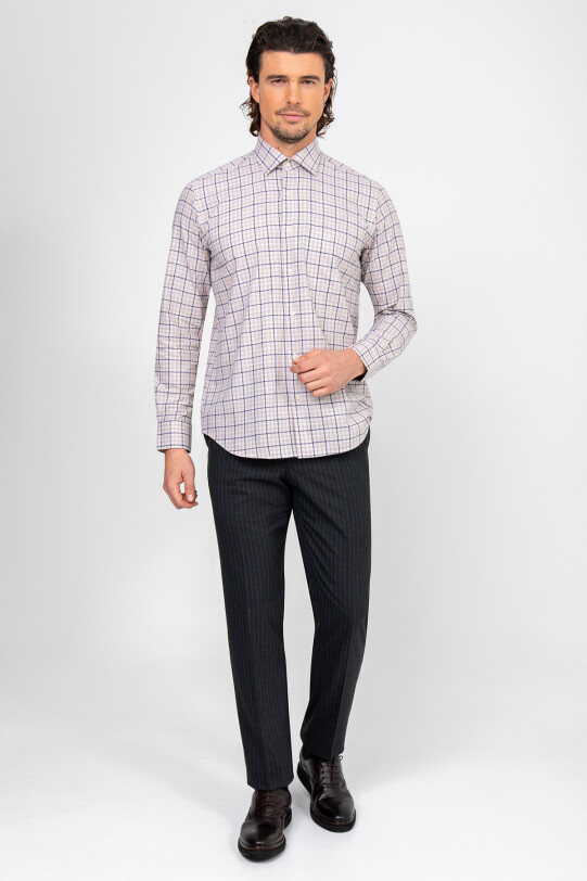 Erkek Bej Uzun Kol Spor Kareli Gömlek