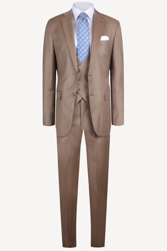 Erkek Bej Yelekli Ekose Regular Fit Takım Elbise - YSF