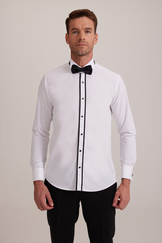 Erkek Beyaz Ata Yaka Slim Fit Biyeli Gömlek