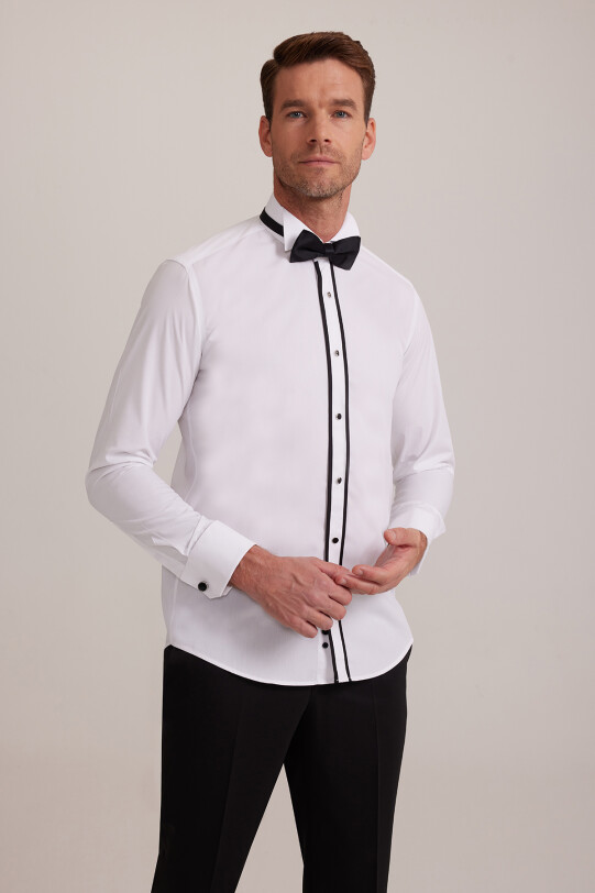 Erkek Beyaz Ata Yaka Slim Fit Biyeli Gömlek