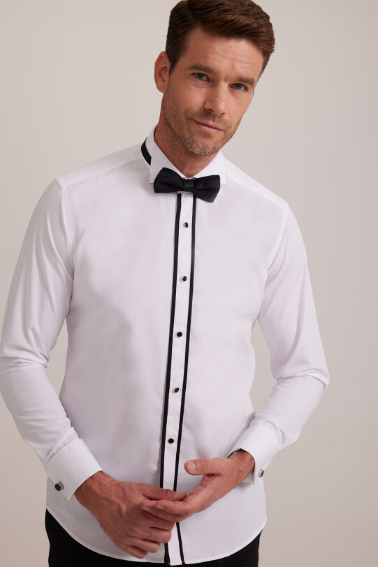 Erkek Beyaz Ata Yaka Slim Fit Biyeli Gömlek