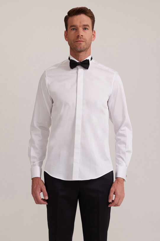 Erkek Beyaz Ata Yaka Slim Fit Gömlek