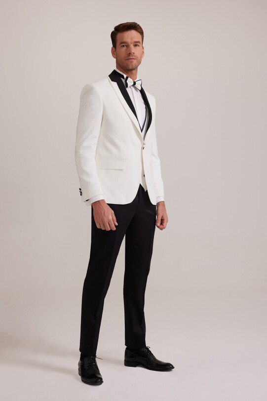 Erkek Beyaz Çıkma Şal Yaka Slim Fit Damatlık