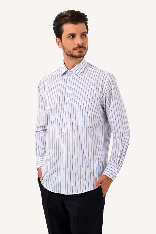 Erkek Beyaz Cotton Uzun Kol Çizgili Klasik Gömlek