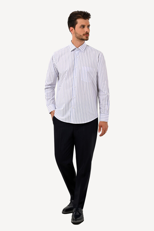 Erkek Beyaz Cotton Uzun Kol Çizgili Klasik Gömlek