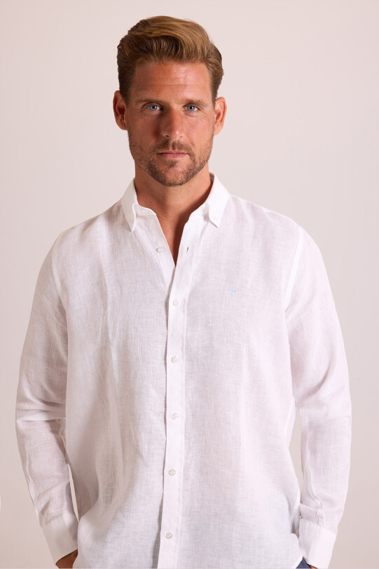 Erkek Beyaz Düz Regular Fit Keten Gömlek