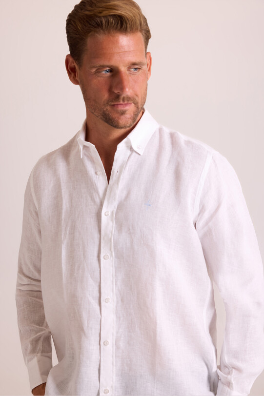 Erkek Beyaz Düz Regular Fit Keten Gömlek