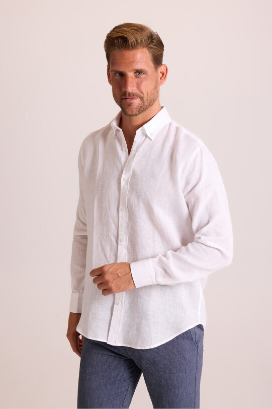 Erkek Beyaz Düz Regular Fit Keten Gömlek