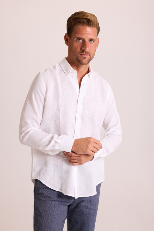 Erkek Beyaz Düz Regular Fit Keten Gömlek