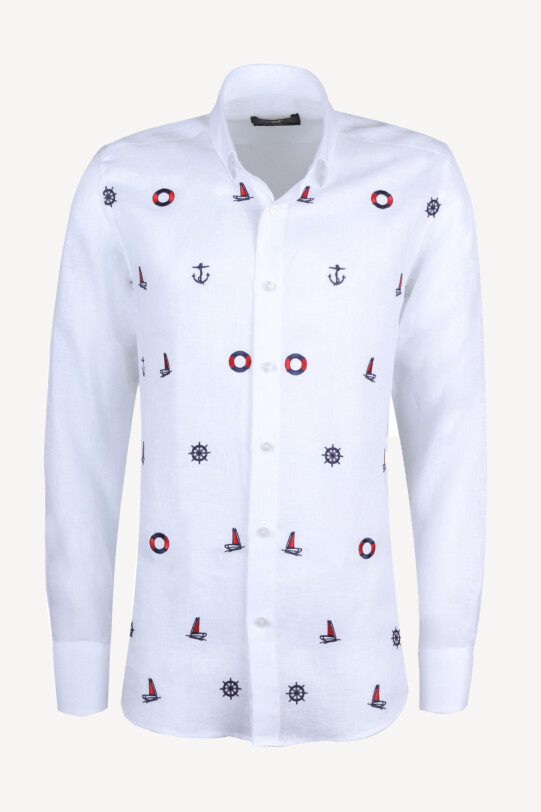 Erkek Beyaz Keten Slim Fit Desenli Gömlek