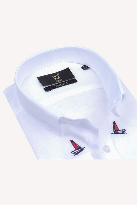 Erkek Beyaz Keten Slim Fit Desenli Gömlek