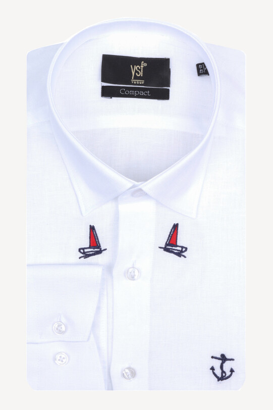 Erkek Beyaz Keten Slim Fit Desenli Gömlek