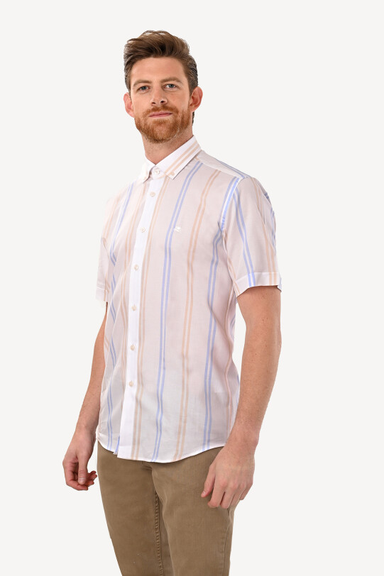 Erkek Beyaz Kısa Kol Çizgili Slim Fit Gömlek