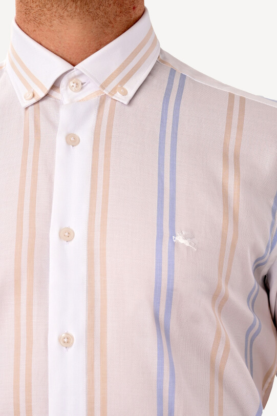 Erkek Beyaz Kısa Kol Çizgili Slim Fit Gömlek