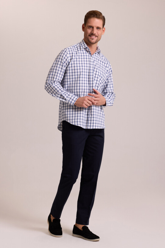 Erkek Beyaz Mavi Oversize Düğmeli Yaka Kareli Gömlek