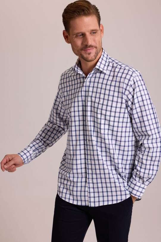 Erkek Beyaz Mavi Oversize Düğmeli Yaka Kareli Gömlek