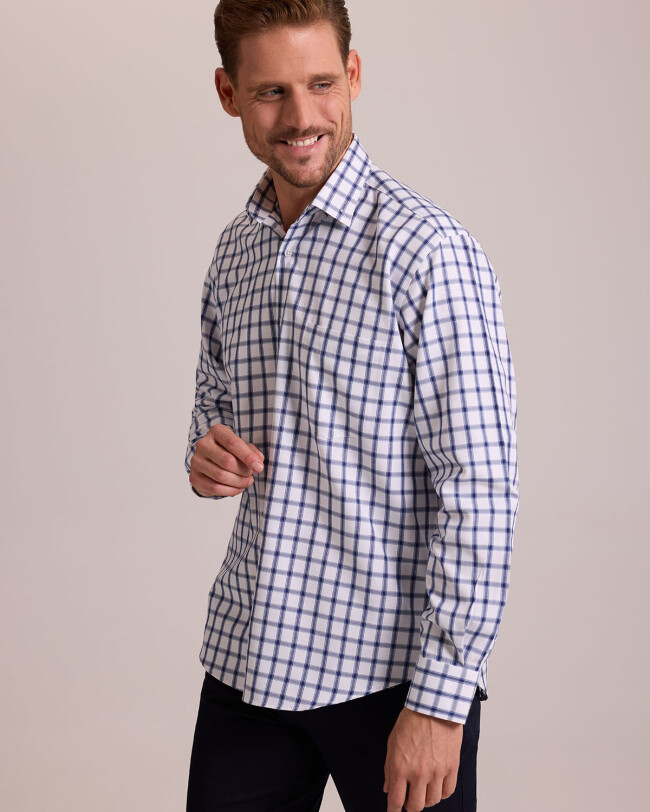 Erkek Beyaz Mavi Oversize Düğmeli Yaka Kareli Gömlek