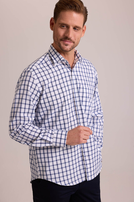 Erkek Beyaz Mavi Oversize Düğmeli Yaka Kareli Gömlek