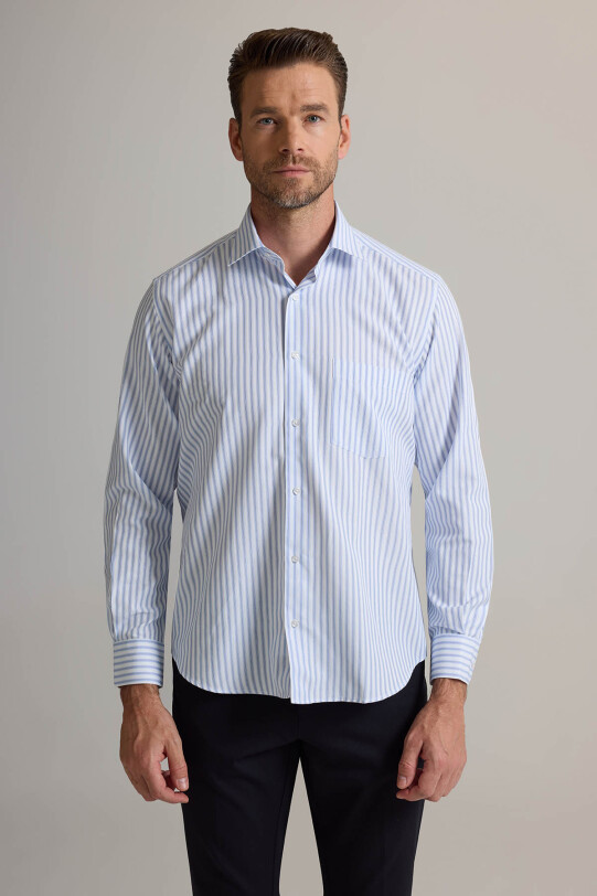 Erkek Beyaz Mavi Regular Fit Çizgili Pamuklu Gömlek
