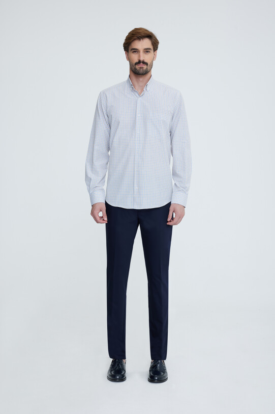 Erkek Beyaz Mavi Uzun Kol Regular Fit Yaka Düğmeli Gömlek