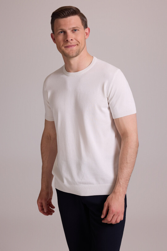 Erkek Beyaz Regular Fit Bisiklet Yaka Triko Tişört