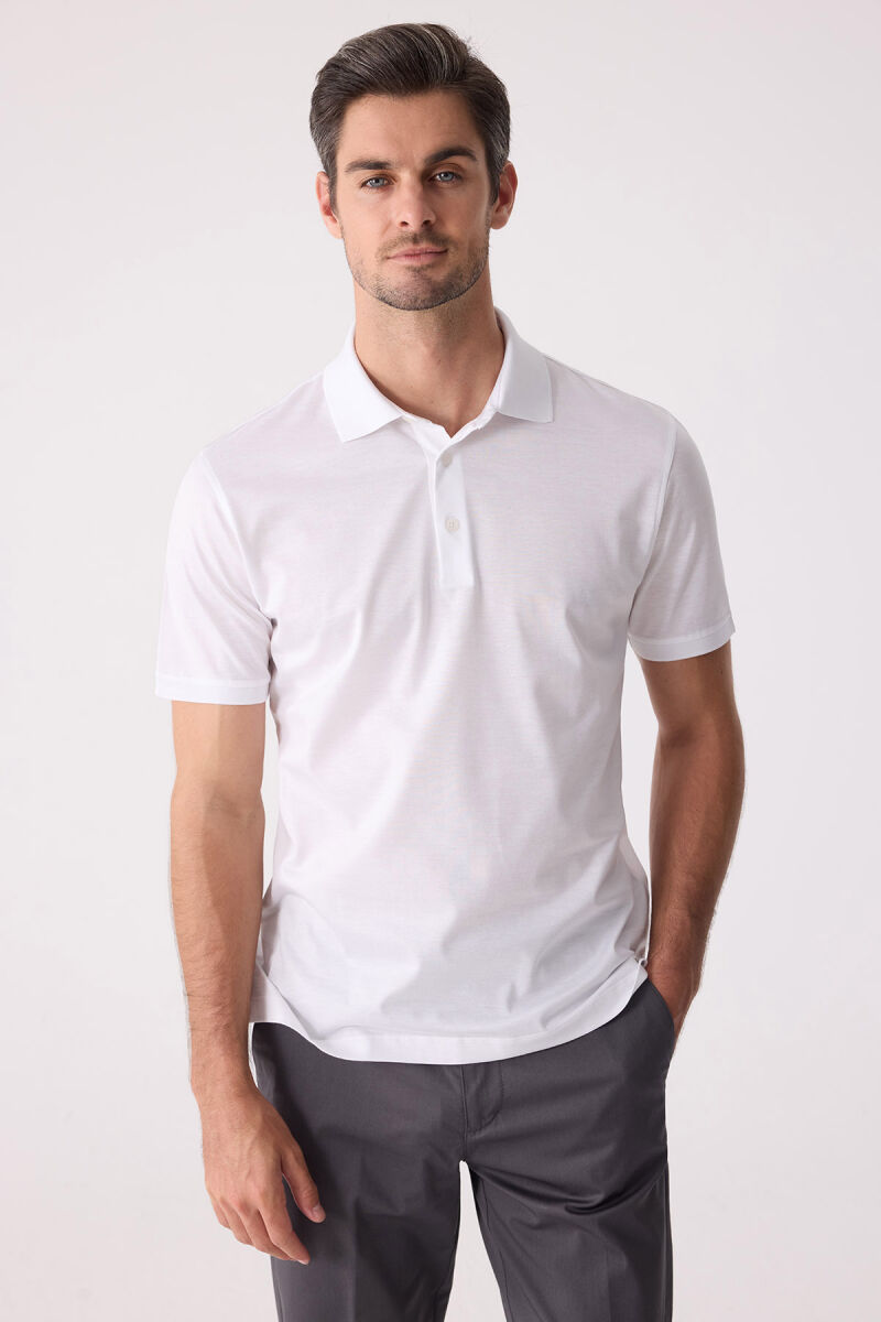 Erkek Beyaz Regular Fit Merserize Polo Yaka Tişört - 1