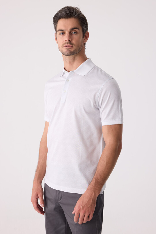 Erkek Beyaz Regular Fit Polo Yaka Desenli Merserize Tişört