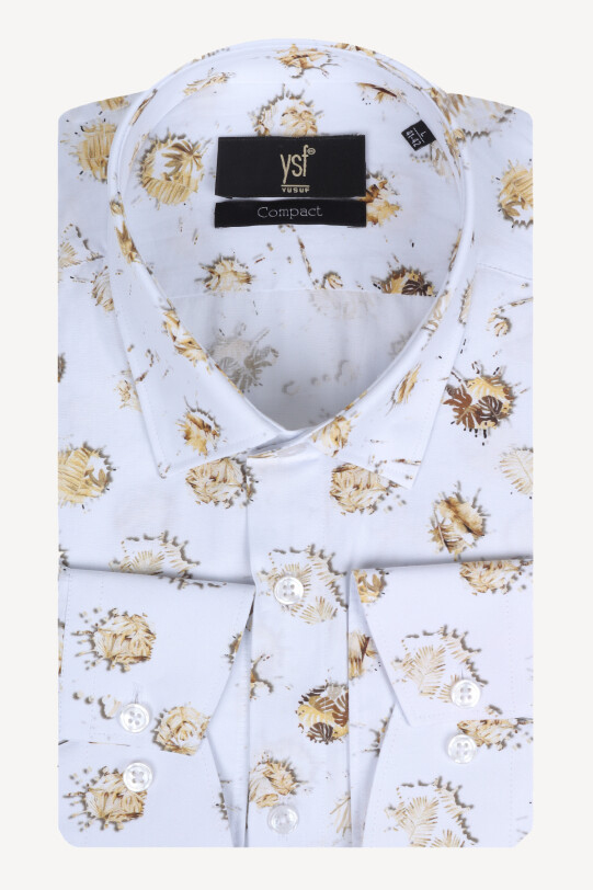 Erkek Beyaz Sarı Desenli Uzun Kol Gömlek