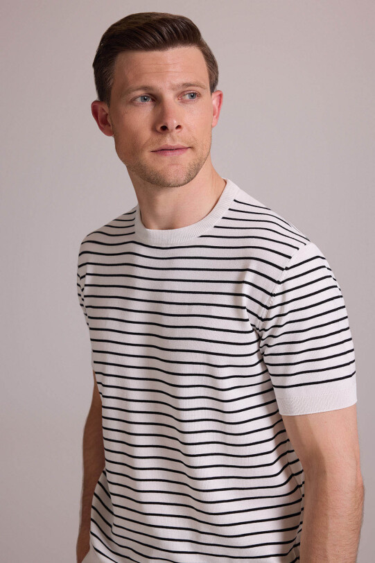 Erkek Beyaz Siyah Regular Fit Bisiklet Yaka Çizgili Tişört