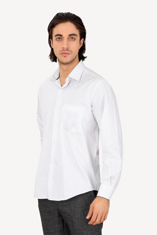 Erkek Beyaz Uzun Kol Klasik Çizgili Gömlek