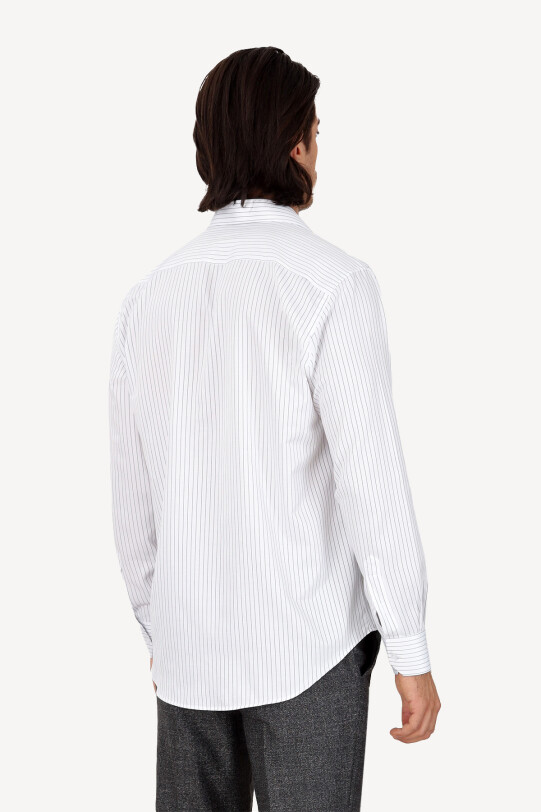 Erkek Beyaz Uzun Kol Klasik Çizgili Gömlek