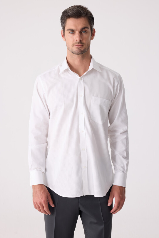 Erkek Beyaz Uzun Kol Klasik Kesim Çizgili Gömlek