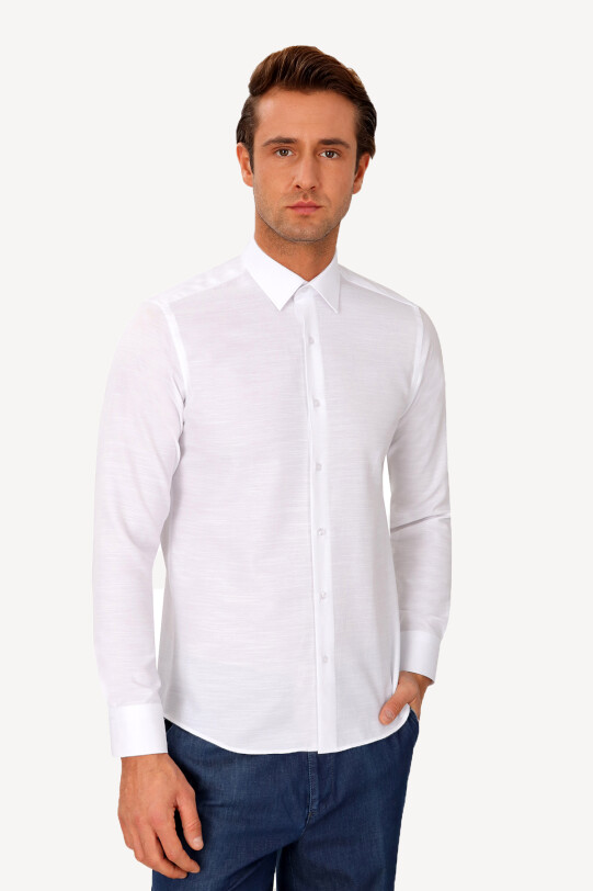 Erkek Beyaz Uzun Kol Slim Fit Desenli Gömlek