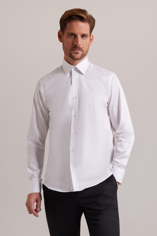 Erkek Beyaz Uzun Kol Slim Fit Saten Gömlek