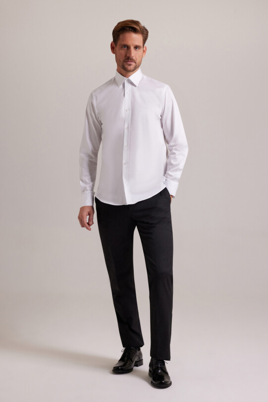 Erkek Beyaz Uzun Kol Slim Fit Saten Gömlek