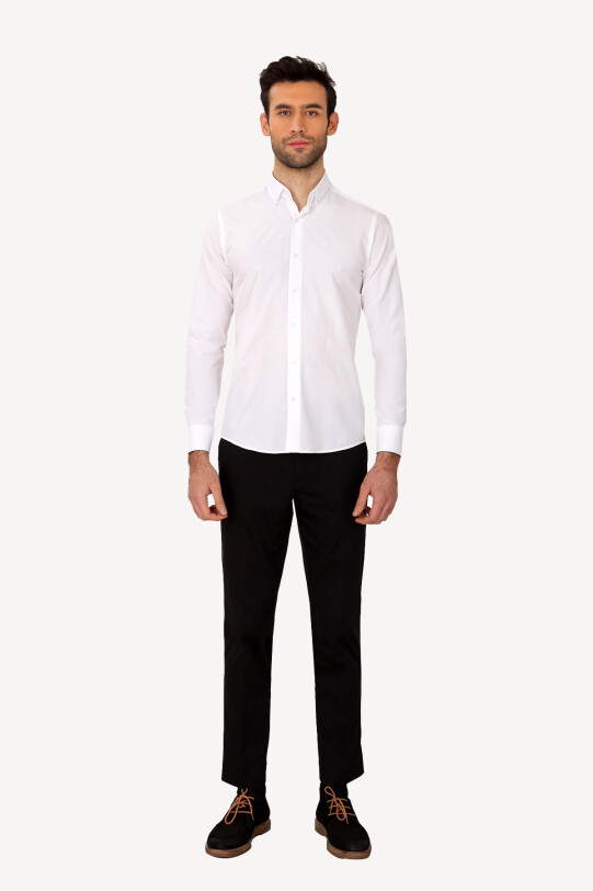 Erkek Beyaz Uzun Kol Slim Fit Yaka Düğmeli Gömlek
