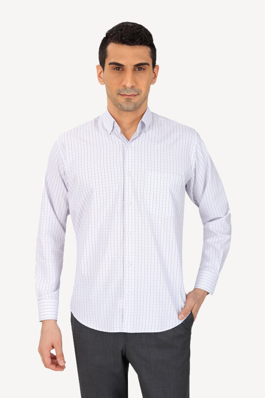 Erkek Beyaz Uzun Kol Spor Kareli Gömlek