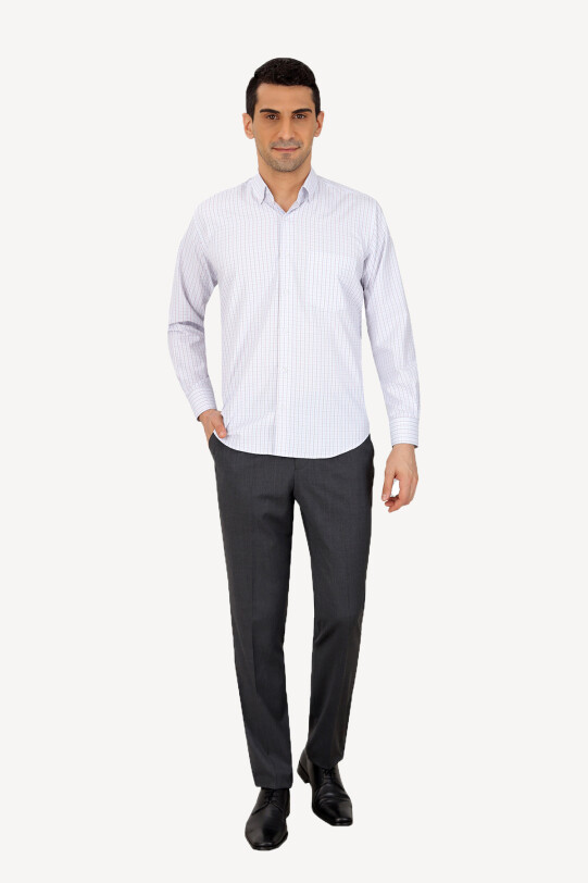 Erkek Beyaz Uzun Kol Spor Kareli Gömlek