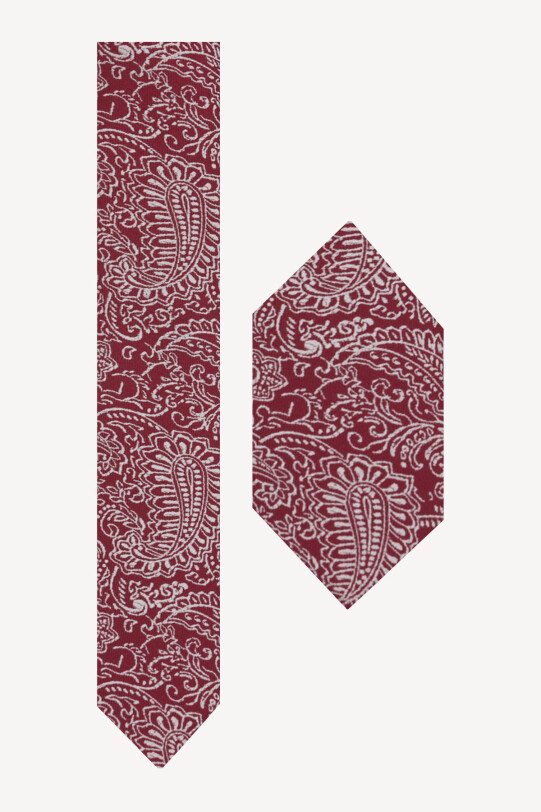 Erkek Bordo Beyaz Karışık Desenli Kravat Mendil Set - YSF