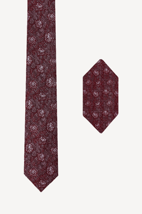 Erkek Bordo Çiçek Desenli Kravat Mendil Set - YSF