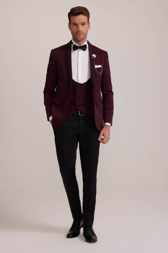 Erkek Bordo Çıkma Şal Yaka Slim Fit Damatlık