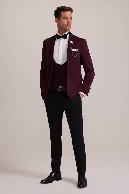 Erkek Bordo Çıkma Şal Yaka Slim Fit Damatlık