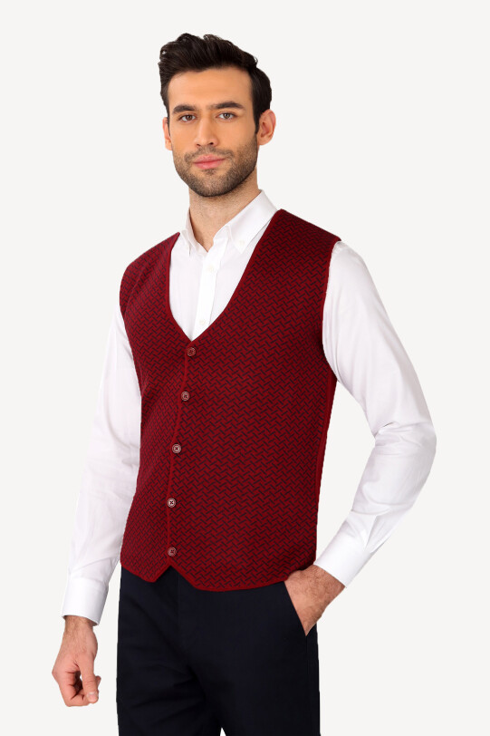 Erkek Bordo Desenli Klasik Triko Yelek