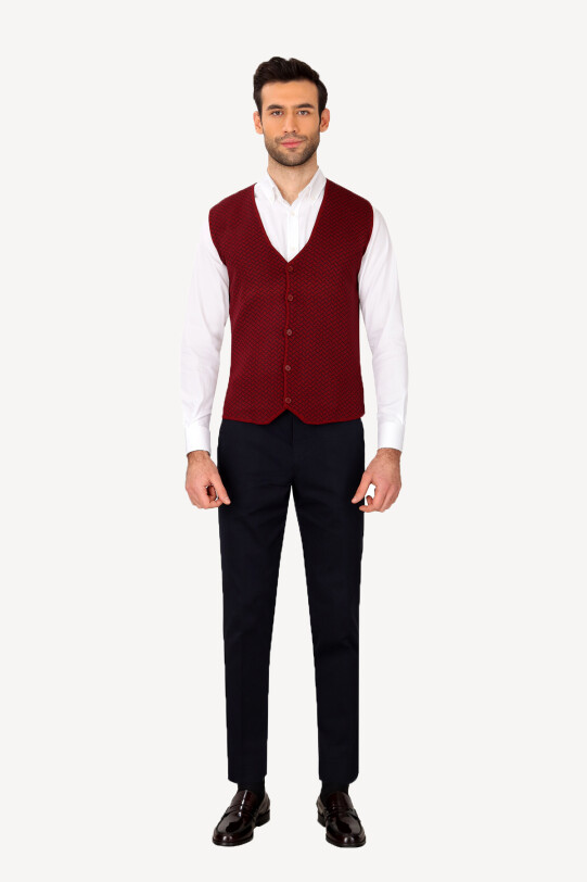 Erkek Bordo Desenli Klasik Triko Yelek